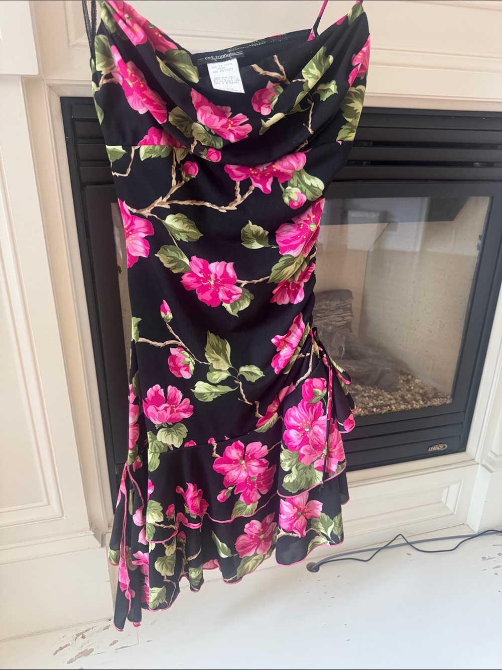 Black Floral Cowl Neck Mini Dress with Pink Roses